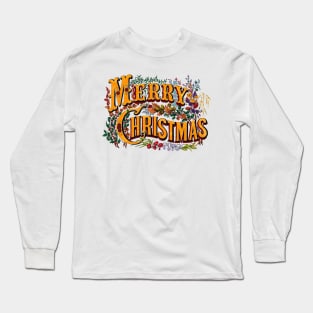 Vintage Style Merry Christmas Holiday Greeting Vector Art Long Sleeve T-Shirt